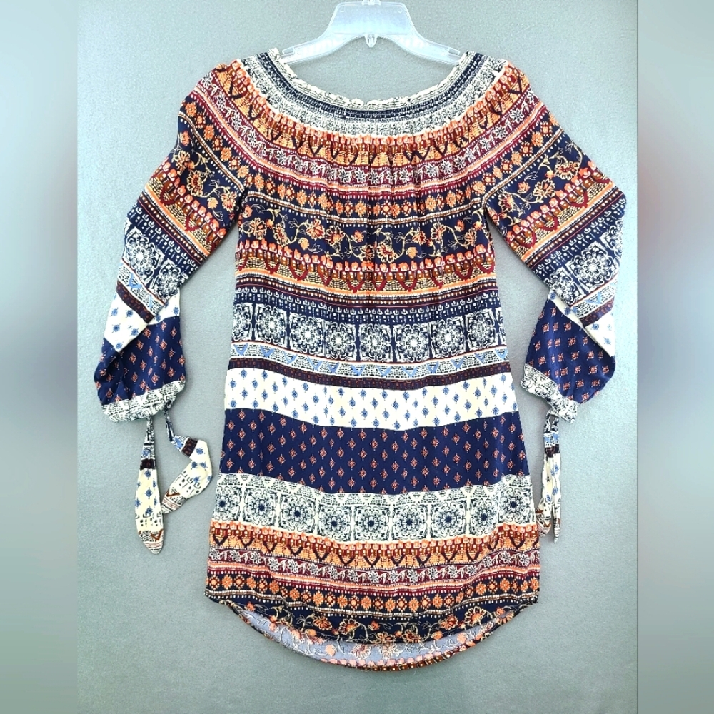 BEACH LUNCH‎ LOUNGE Women's Boho Navy Coral Long Sleeve Dress - Size Medium - Picture 2 of 12